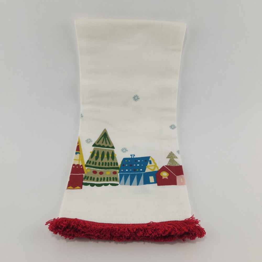 Pier 1 Imports Christmas Tea Towel MCM Village Red Fringe Cotton
